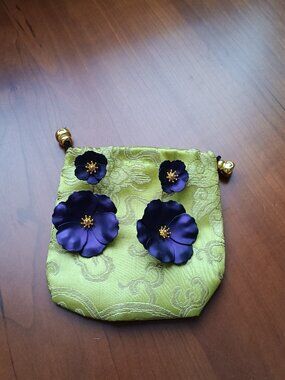 Purple with Gold Accents Flower Tiered Pierced Earrings